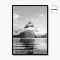 Milford Sound Black and White Fine Art Photo Print, Mitre Peak, New Zealand Poster