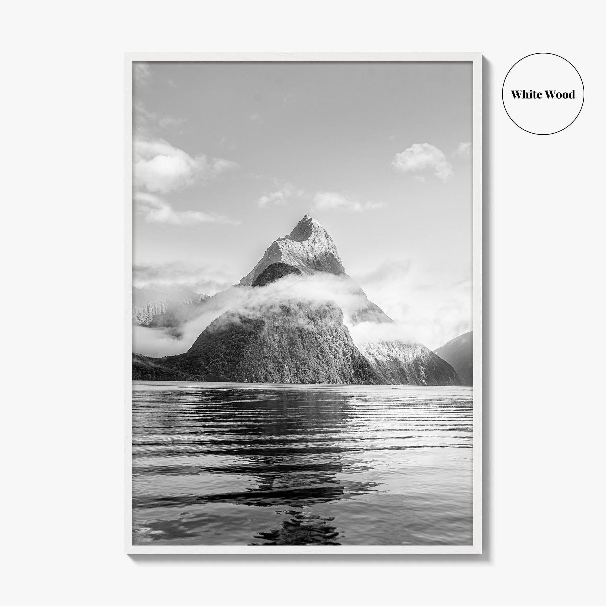 Milford Sound Black and White Fine Art Photo Print, Mitre Peak, New Zealand Poster