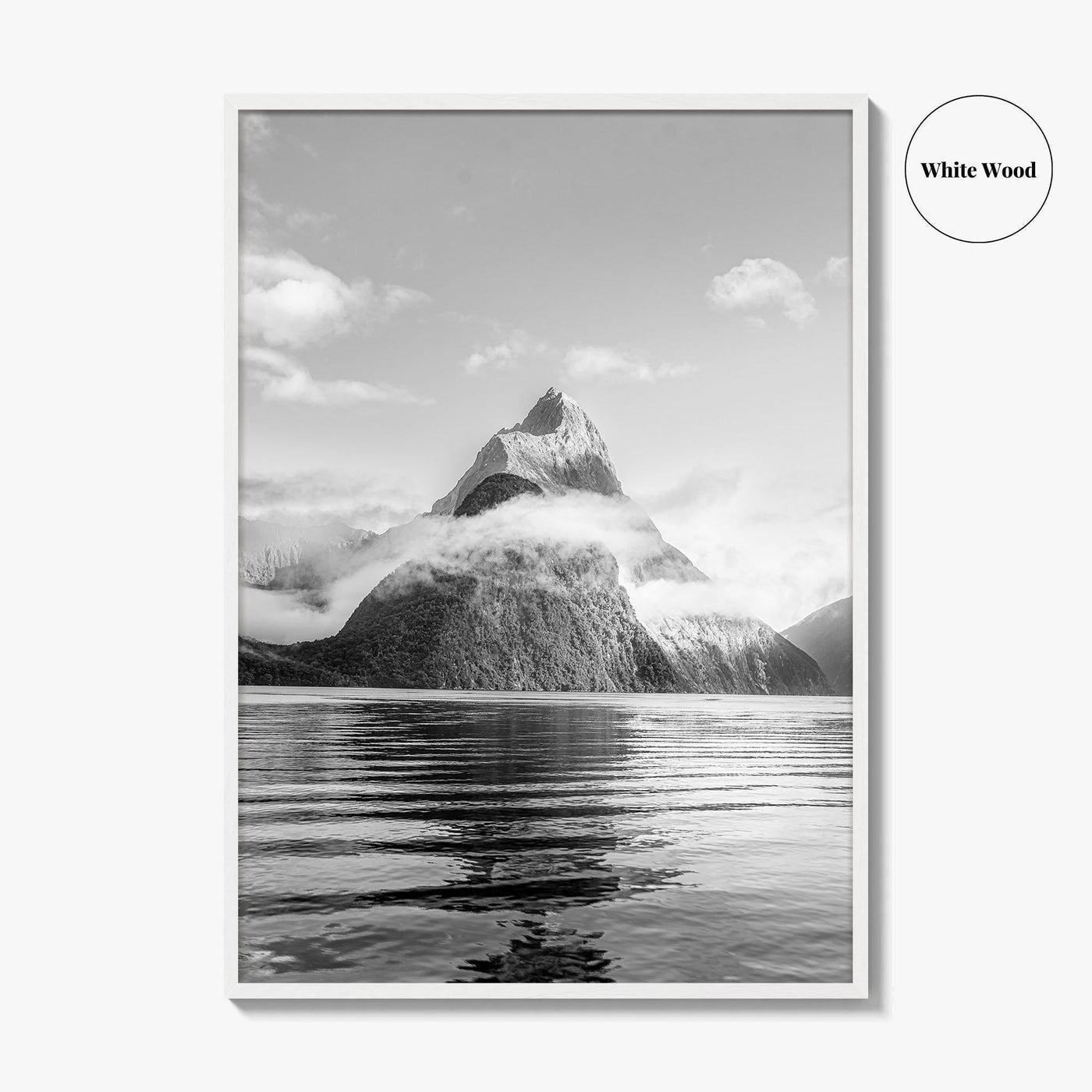 Milford Sound Black and White Fine Art Photo Print, Mitre Peak, New Zealand Poster