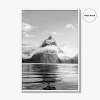 Milford Sound Black and White Fine Art Photo Print, Mitre Peak, New Zealand Poster