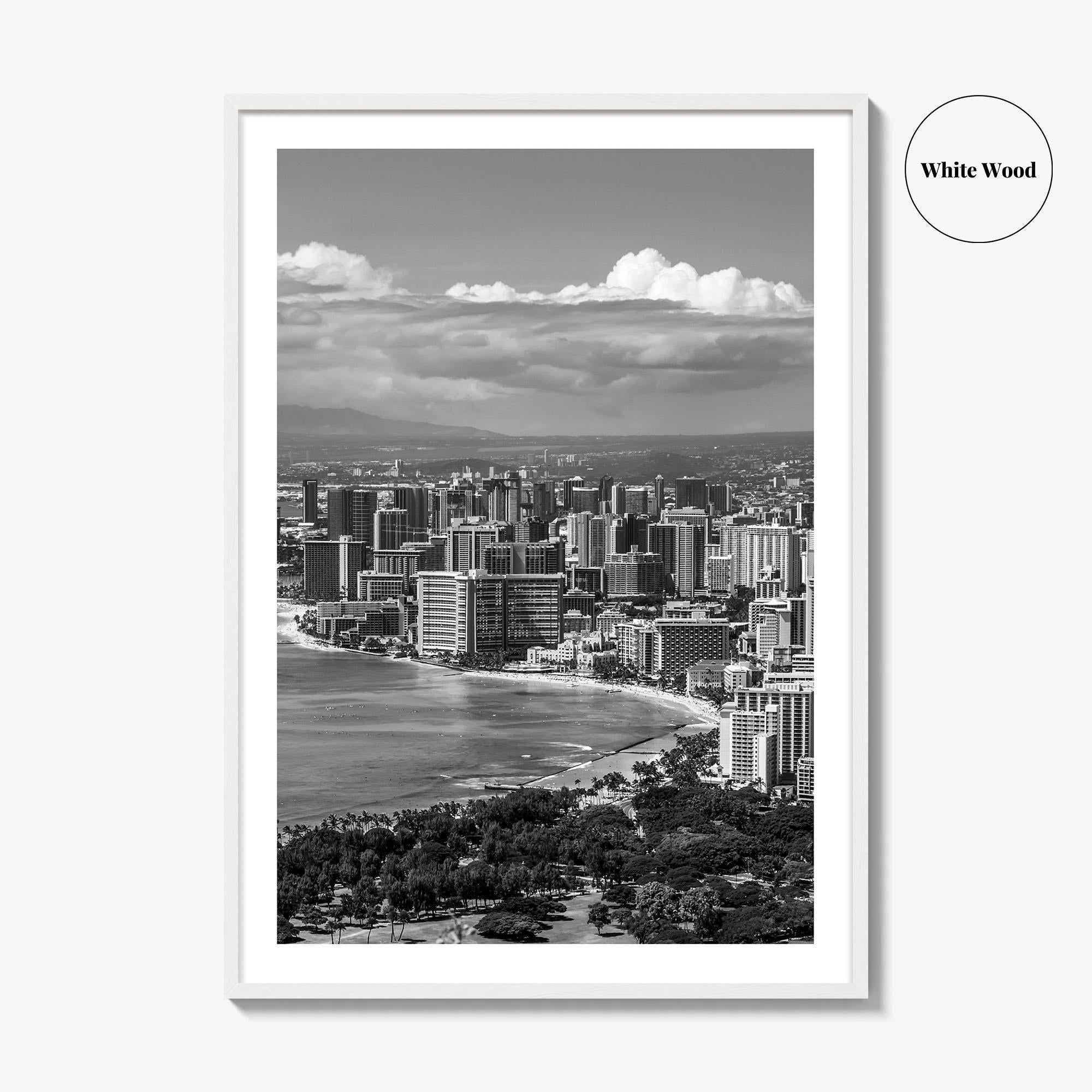 Honolulu Skyline Black and White Fine Art Photo Print, Waikiki Beach, Oahu Hawaii Poster