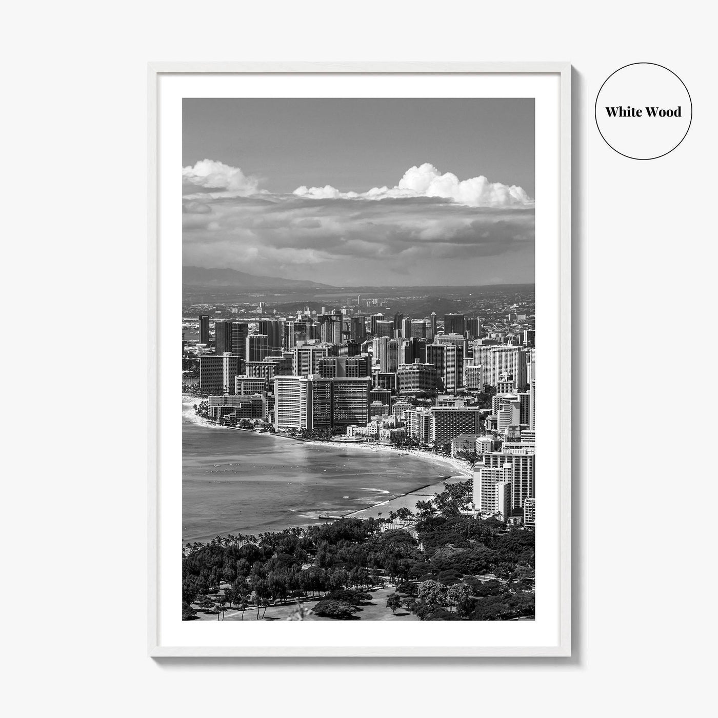 Honolulu Skyline Black and White Fine Art Photo Print, Waikiki Beach, Oahu Hawaii Poster
