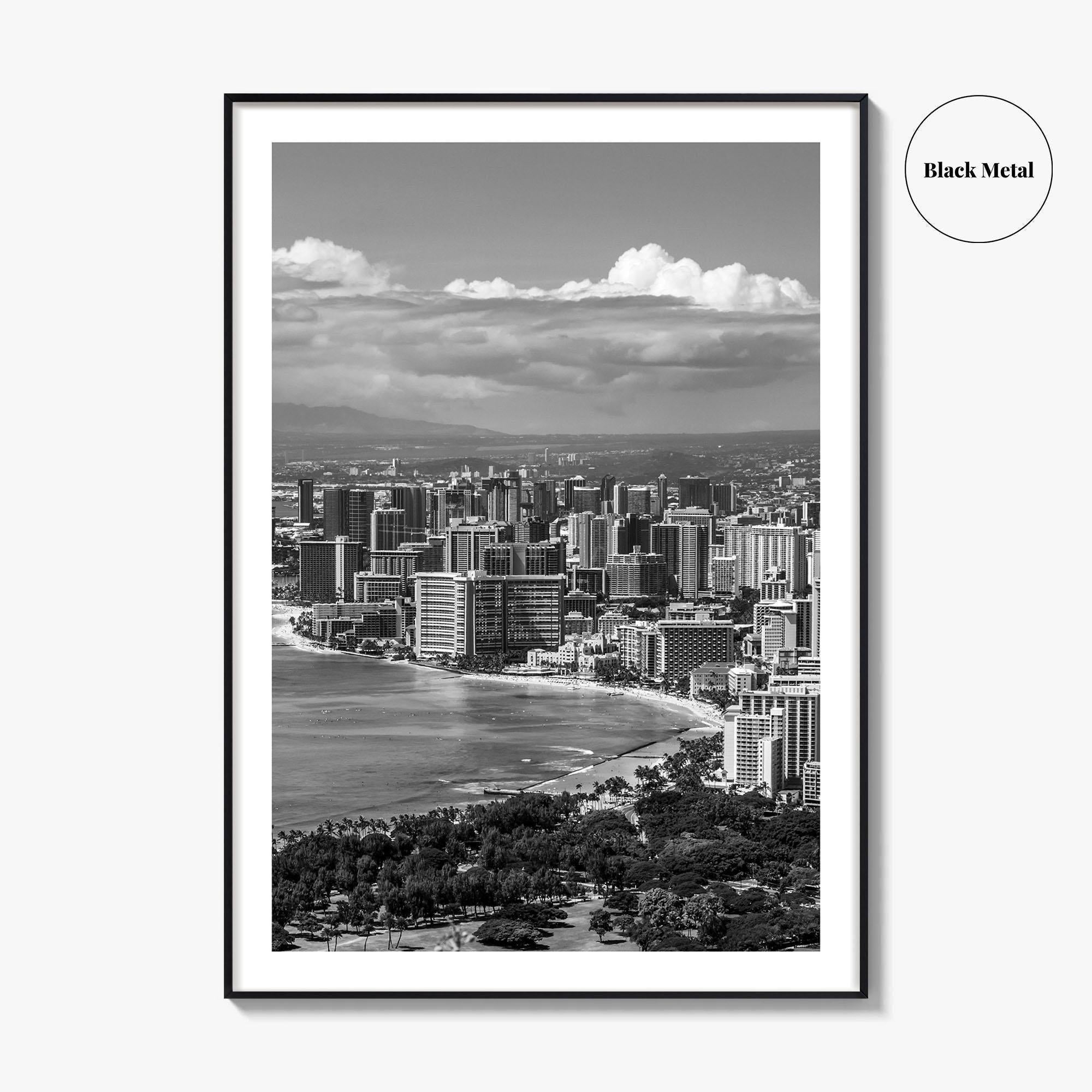 Honolulu Skyline Black and White Fine Art Photo Print, Waikiki Beach, Oahu Hawaii Poster