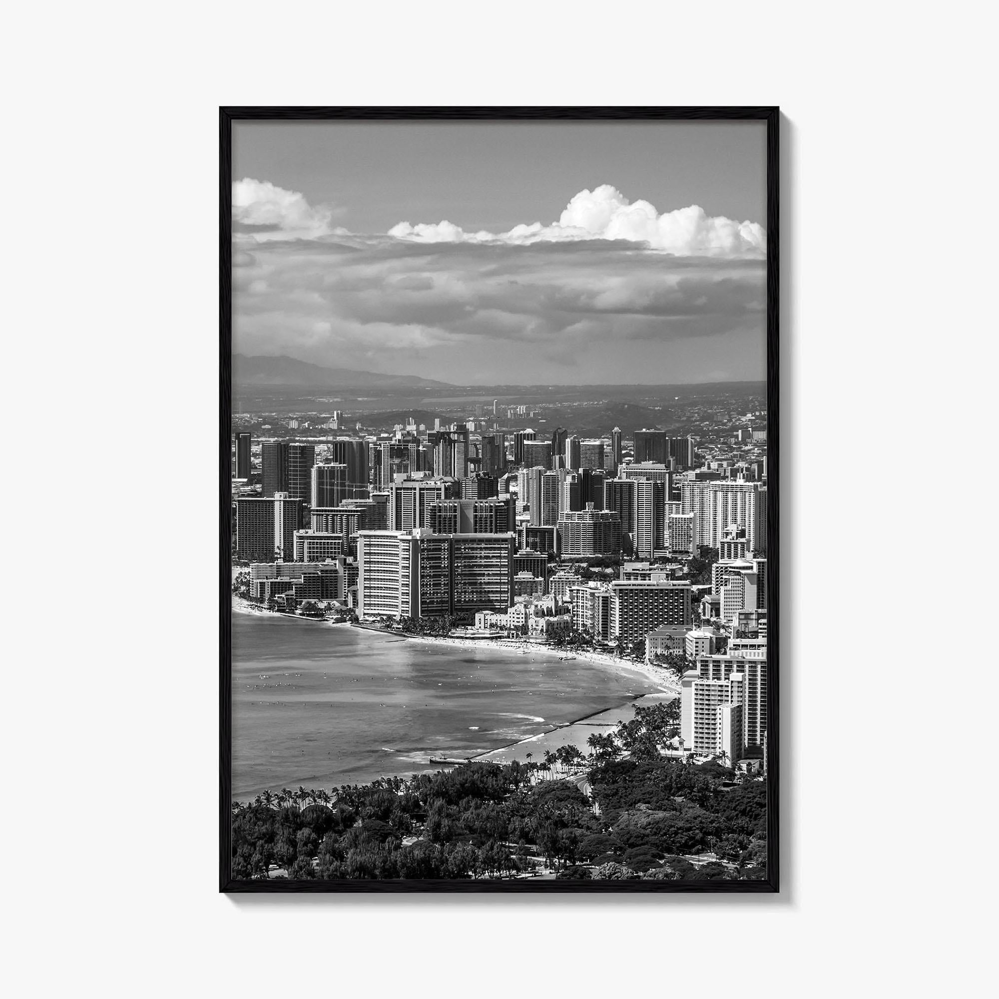 Honolulu Skyline Black and White Fine Art Photo Print, Waikiki Beach, Oahu Hawaii Poster