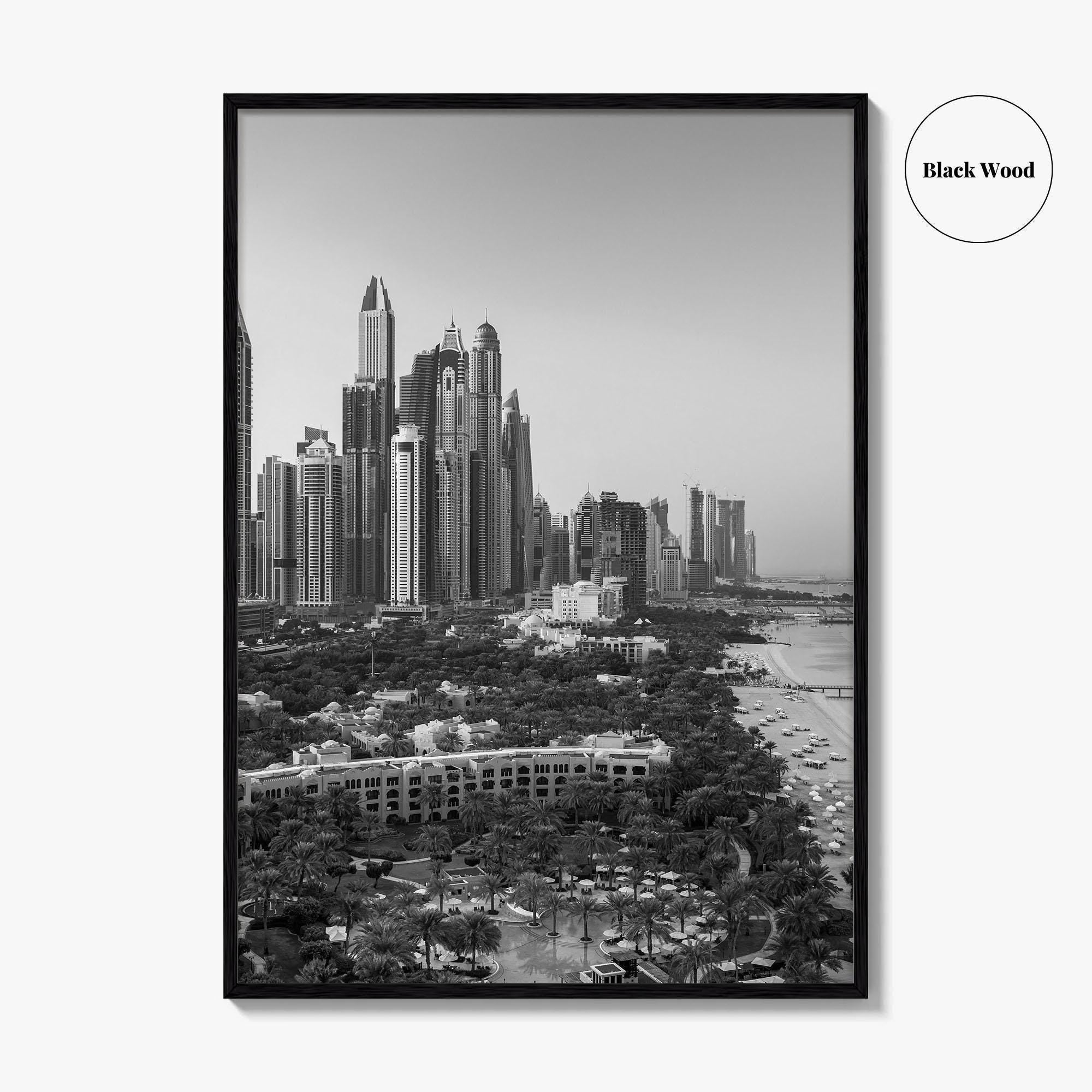 Dubai Skyline Black and White Fine Art Photo Print, Marina Jumeirah Beach UAE Poster