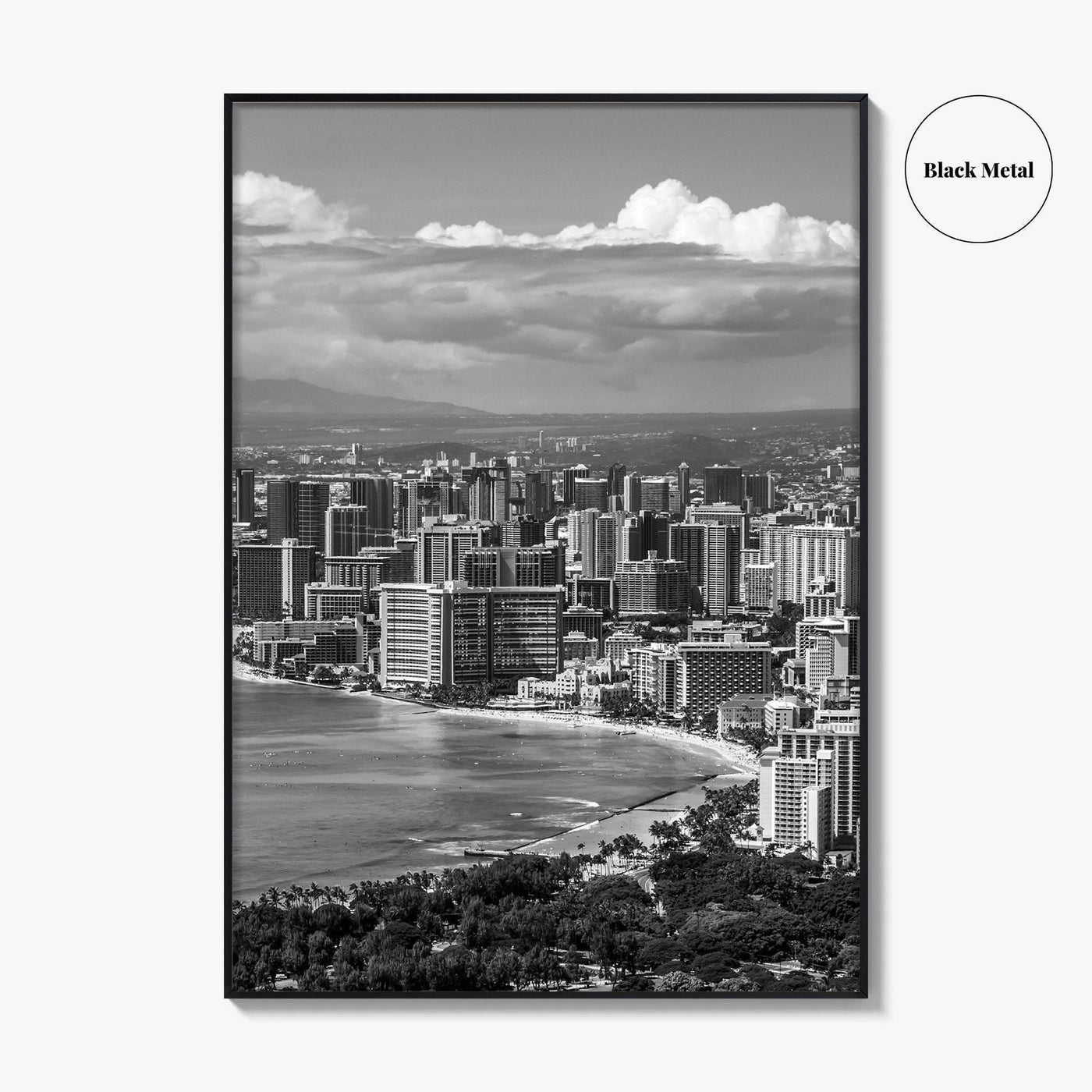 Honolulu Skyline Black and White Fine Art Photo Print, Waikiki Beach, Oahu Hawaii Poster