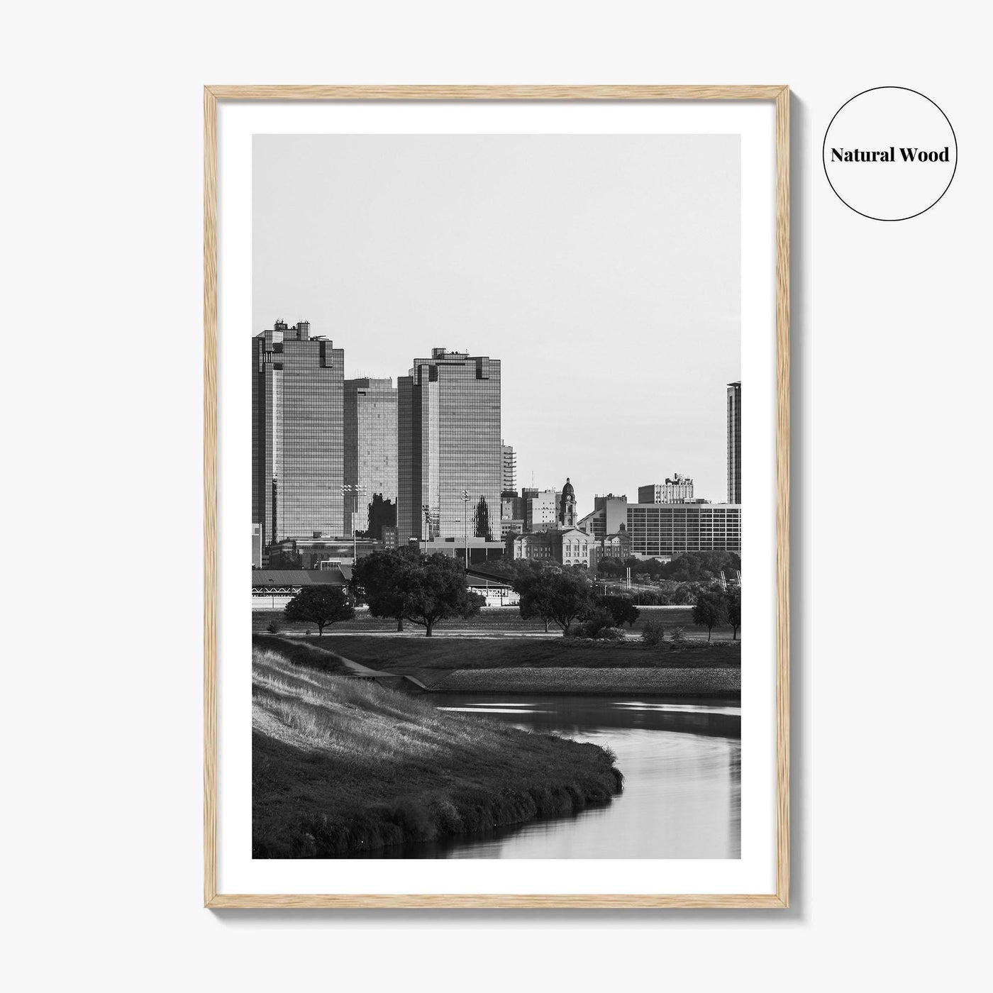 Fort Worth Skyline Black and White Fine Art Photo Print, Trinity River Texas Poster