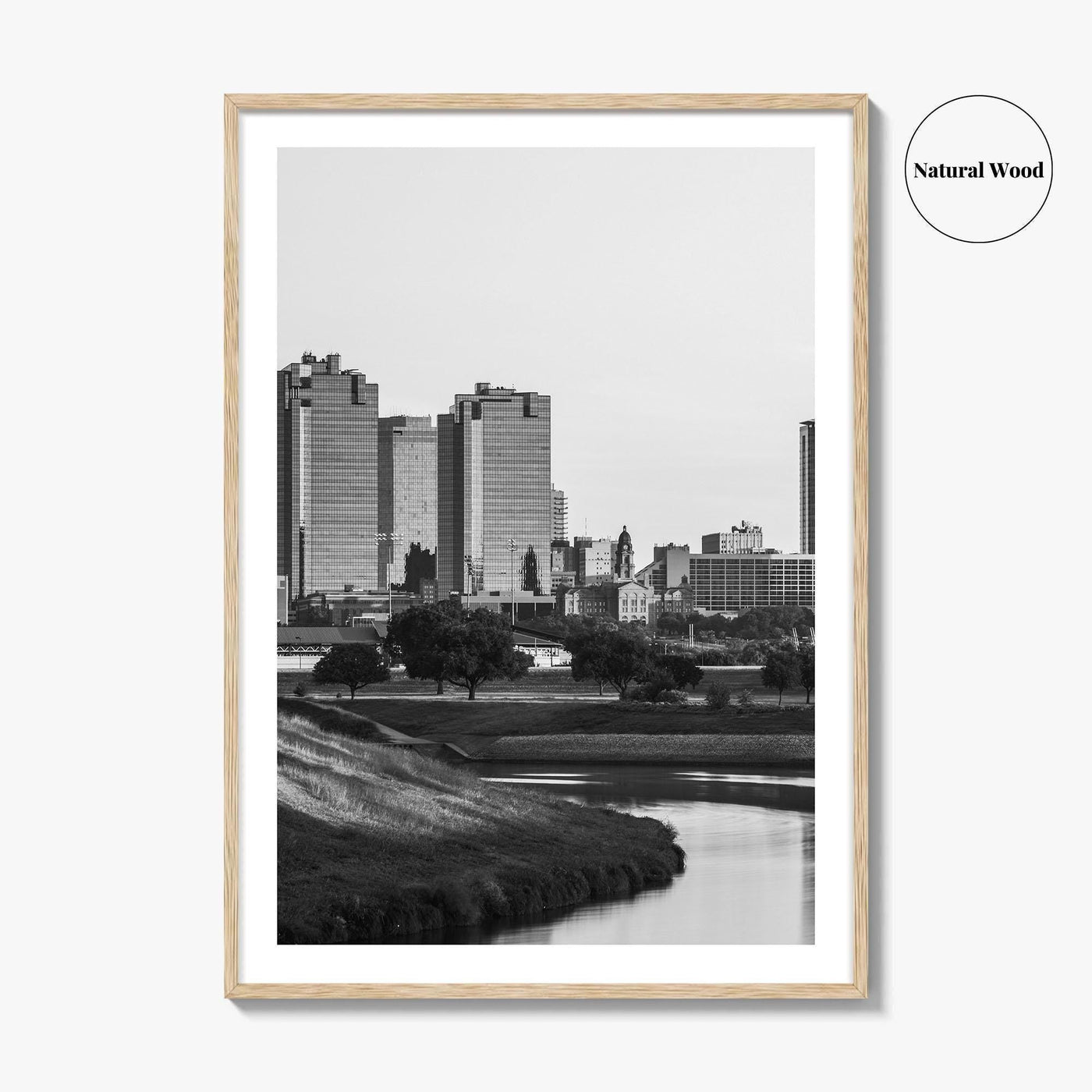 Fort Worth Skyline Black and White Fine Art Photo Print, Trinity River Texas Poster