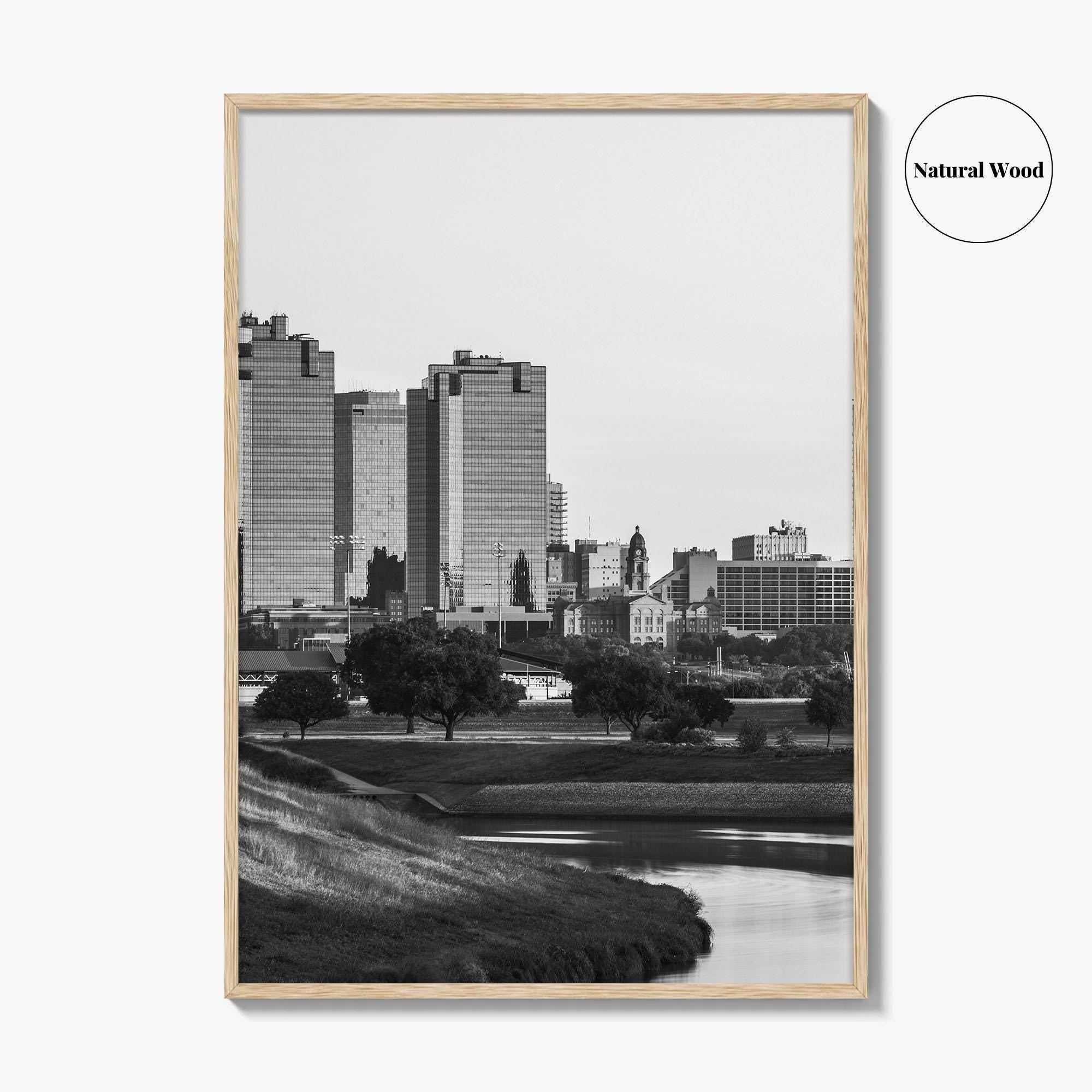 Fort Worth Skyline Black and White Fine Art Photo Print, Trinity River Texas Poster