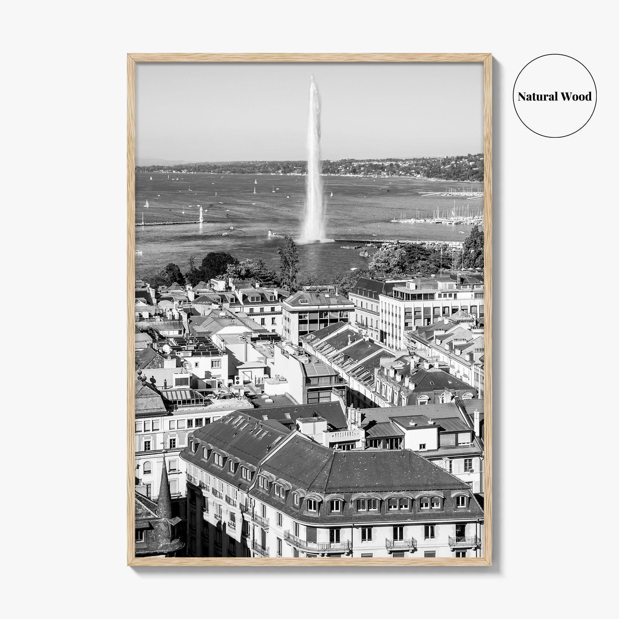 Geneva Black and White Fine Art Photo Print, Jet d'Eau, Lac Leman, Switzerland Poster