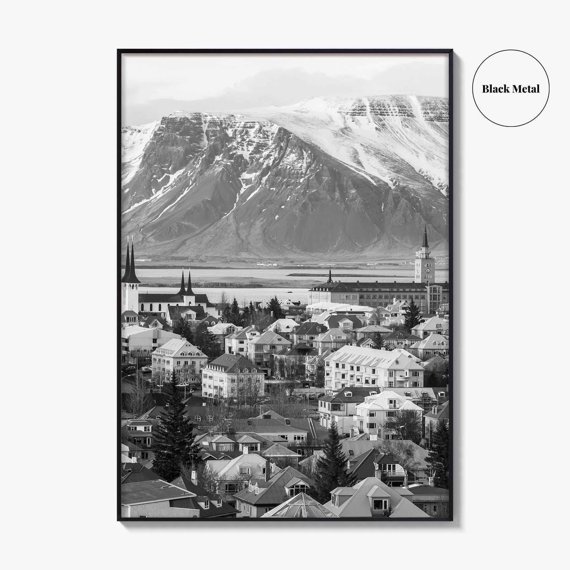 Reykjavik Skyline Black and White Fine Art Photo Print, Iceland Wall Poster, City