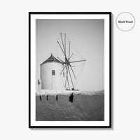 Santorini Black and White Fine Art Photo Print, Oia Windmill Greece Poster