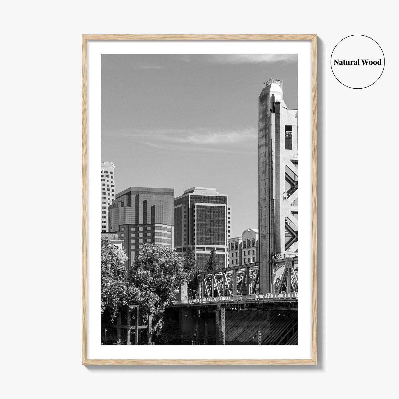 Sacramento Skyline Black and White Fine Art Photo Print, Tower Bridge, California Poster