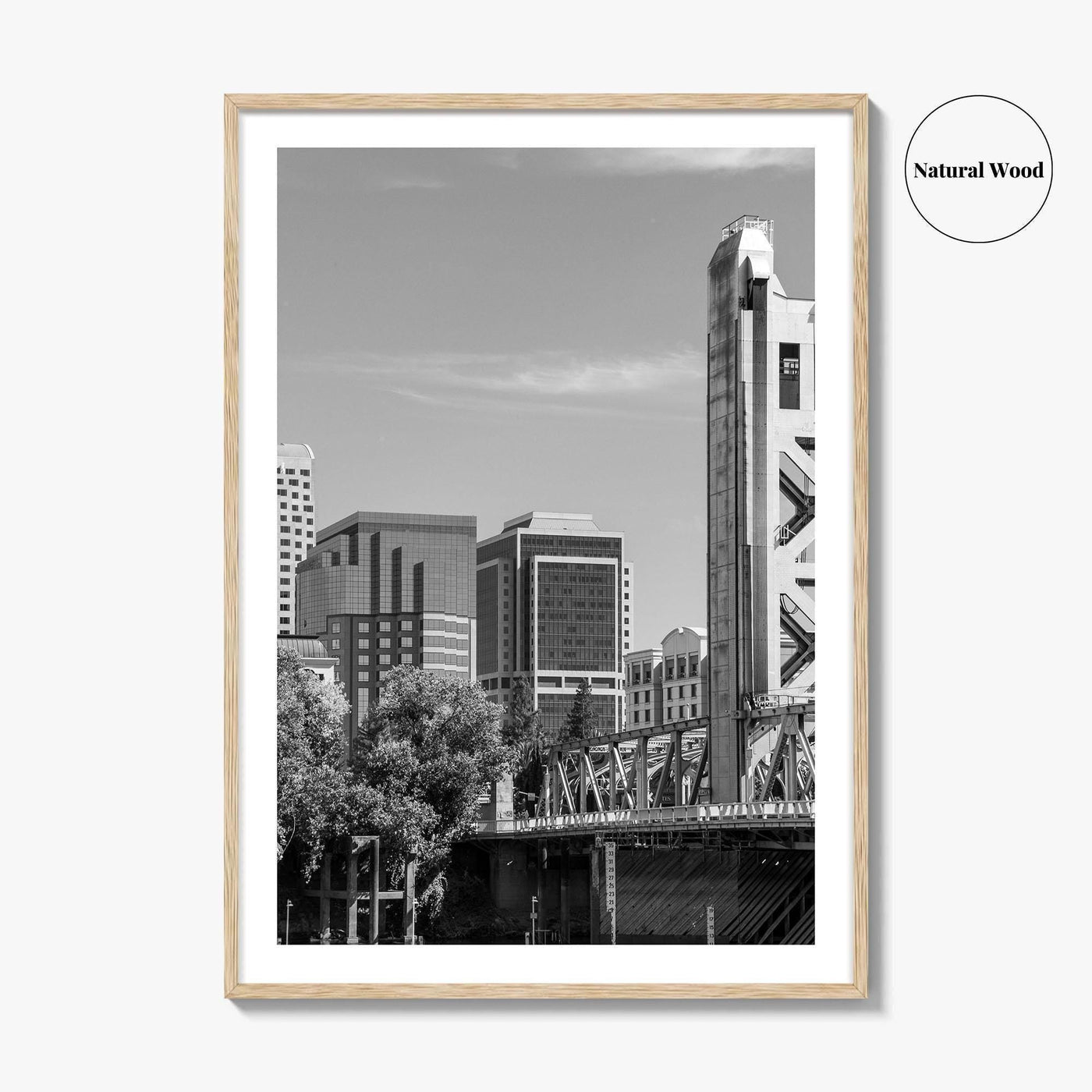 Sacramento Skyline Black and White Fine Art Photo Print, Tower Bridge, California Poster