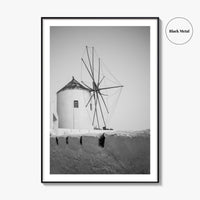 Santorini Black and White Fine Art Photo Print, Oia Windmill Greece Poster