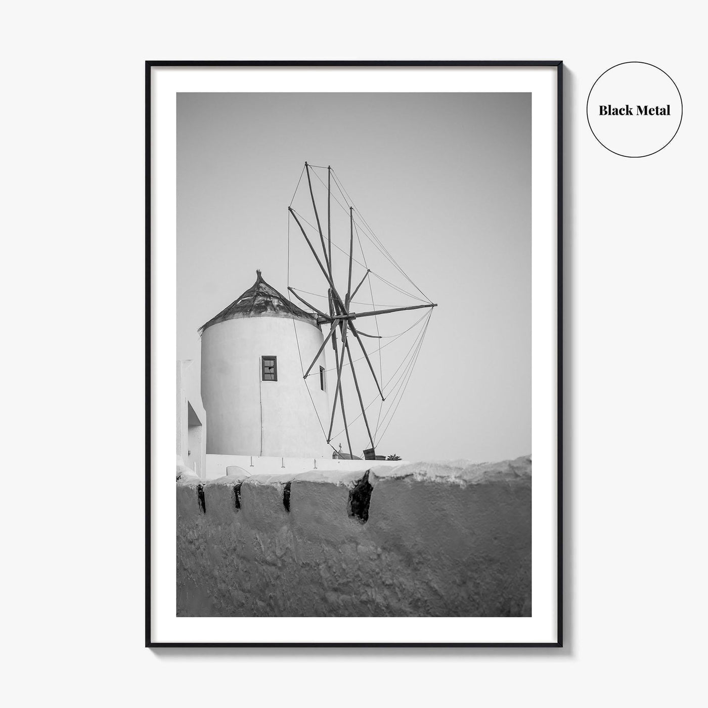Santorini Black and White Fine Art Photo Print, Oia Windmill Greece Poster