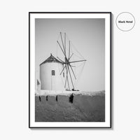 Santorini Black and White Fine Art Photo Print, Oia Windmill Greece Poster