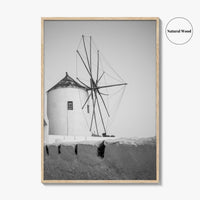 Santorini Black and White Fine Art Photo Print, Oia Windmill Greece Poster
