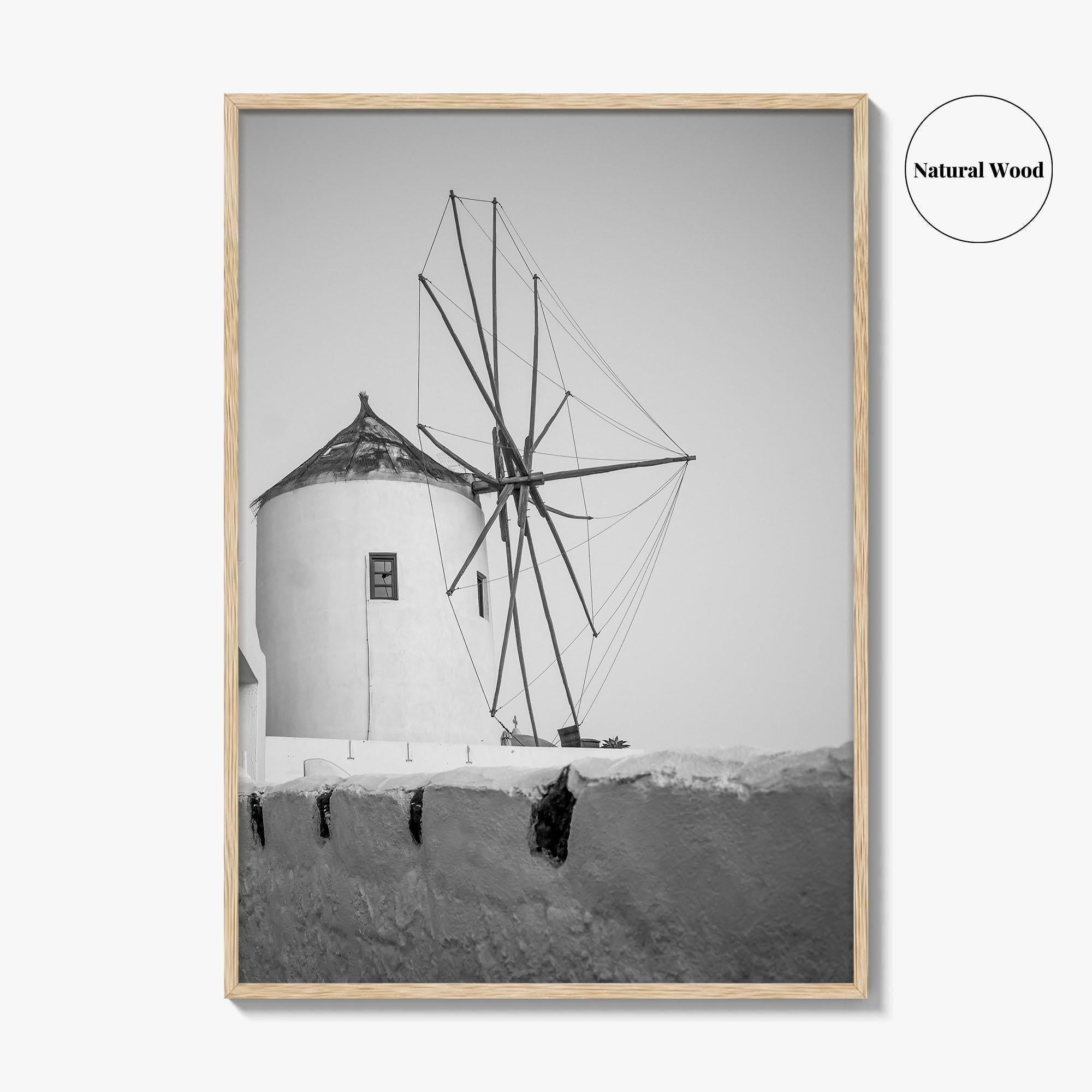 Santorini Black and White Fine Art Photo Print, Oia Windmill Greece Poster