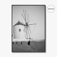 Santorini Black and White Fine Art Photo Print, Oia Windmill Greece Poster