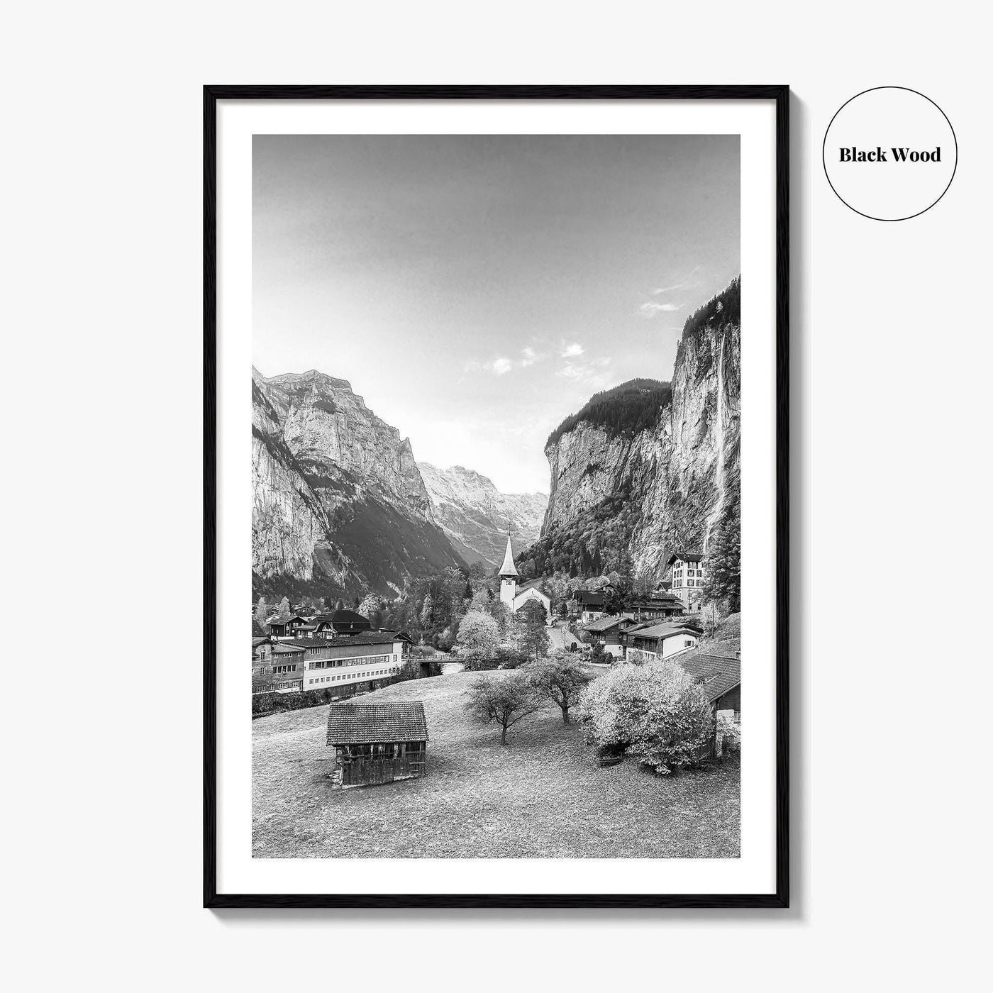 Lauterbrunnen Black and White Fine Art Photo Print, Staubbach Waterfall Swiss Alps Poster