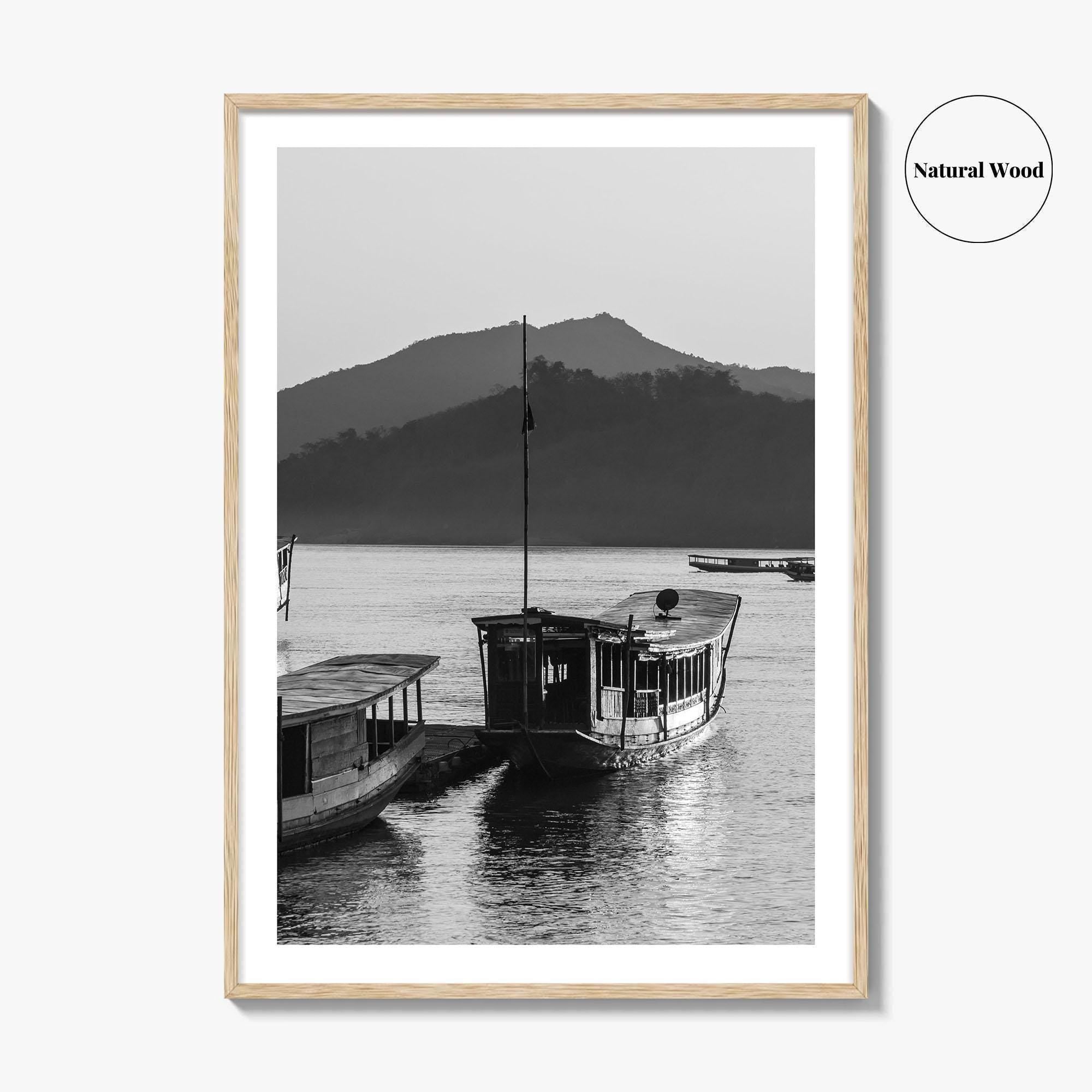 Luang Prabang Black and White Fine Art Photo Print, Mekong River Laos Poster