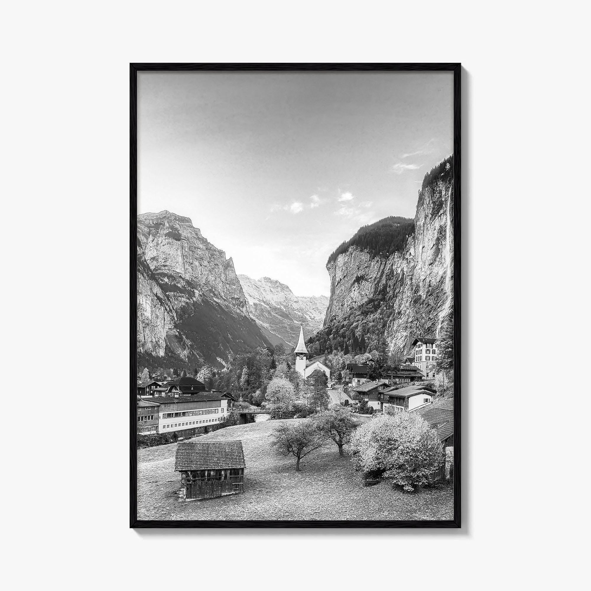 Lauterbrunnen Black and White Fine Art Photo Print, Staubbach Waterfall Swiss Alps Poster