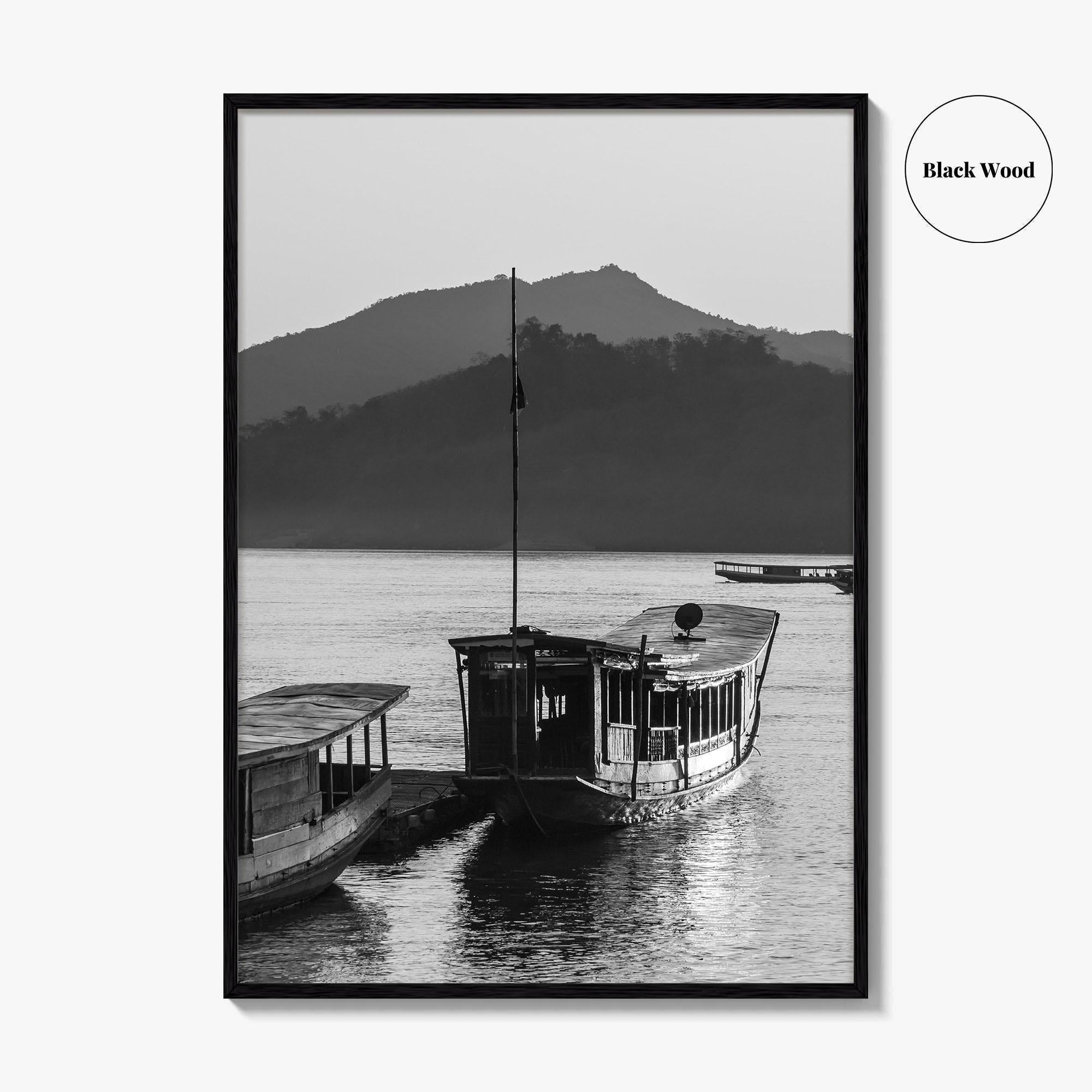Luang Prabang Black and White Fine Art Photo Print, Mekong River Laos Poster