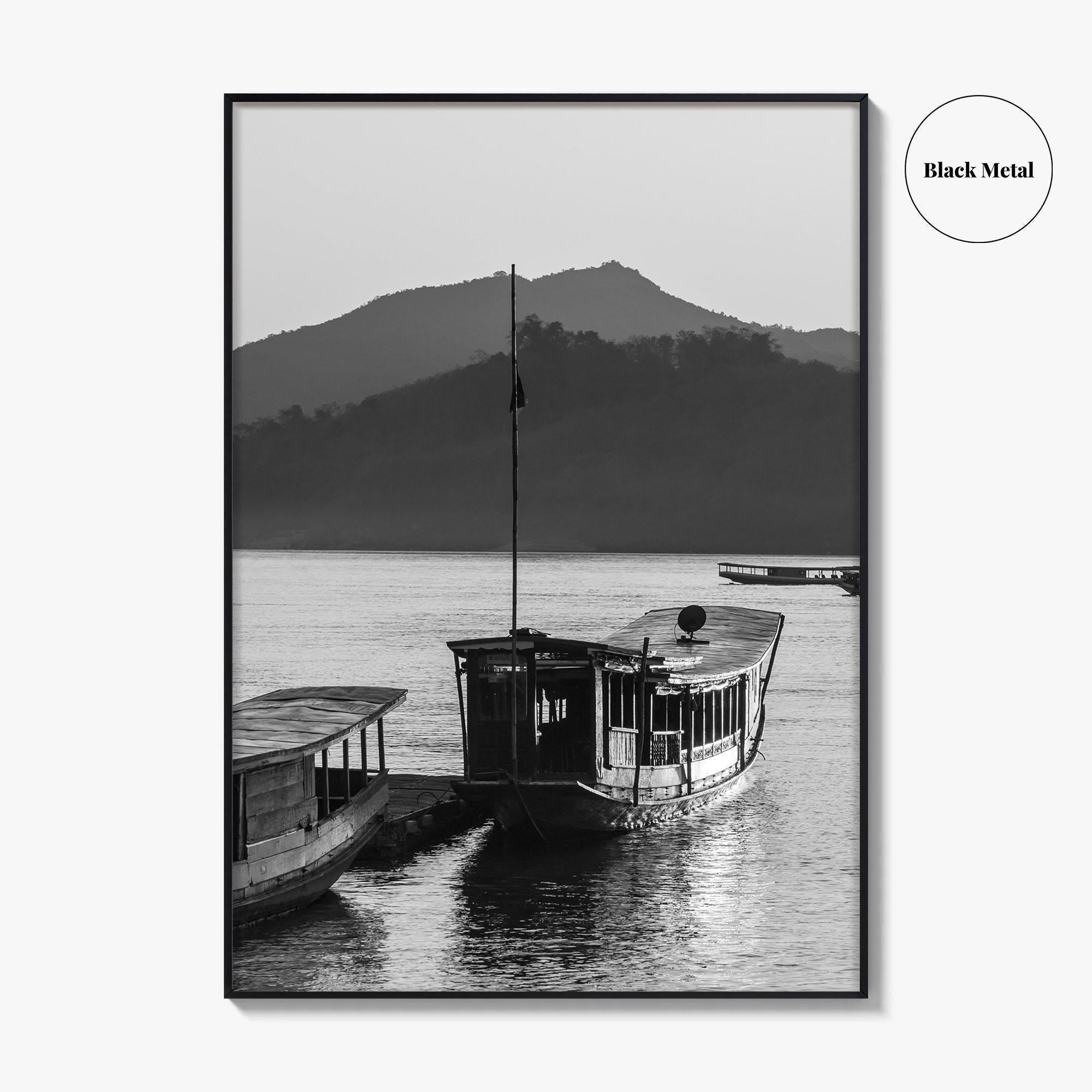 Luang Prabang Black and White Fine Art Photo Print, Mekong River Laos Poster