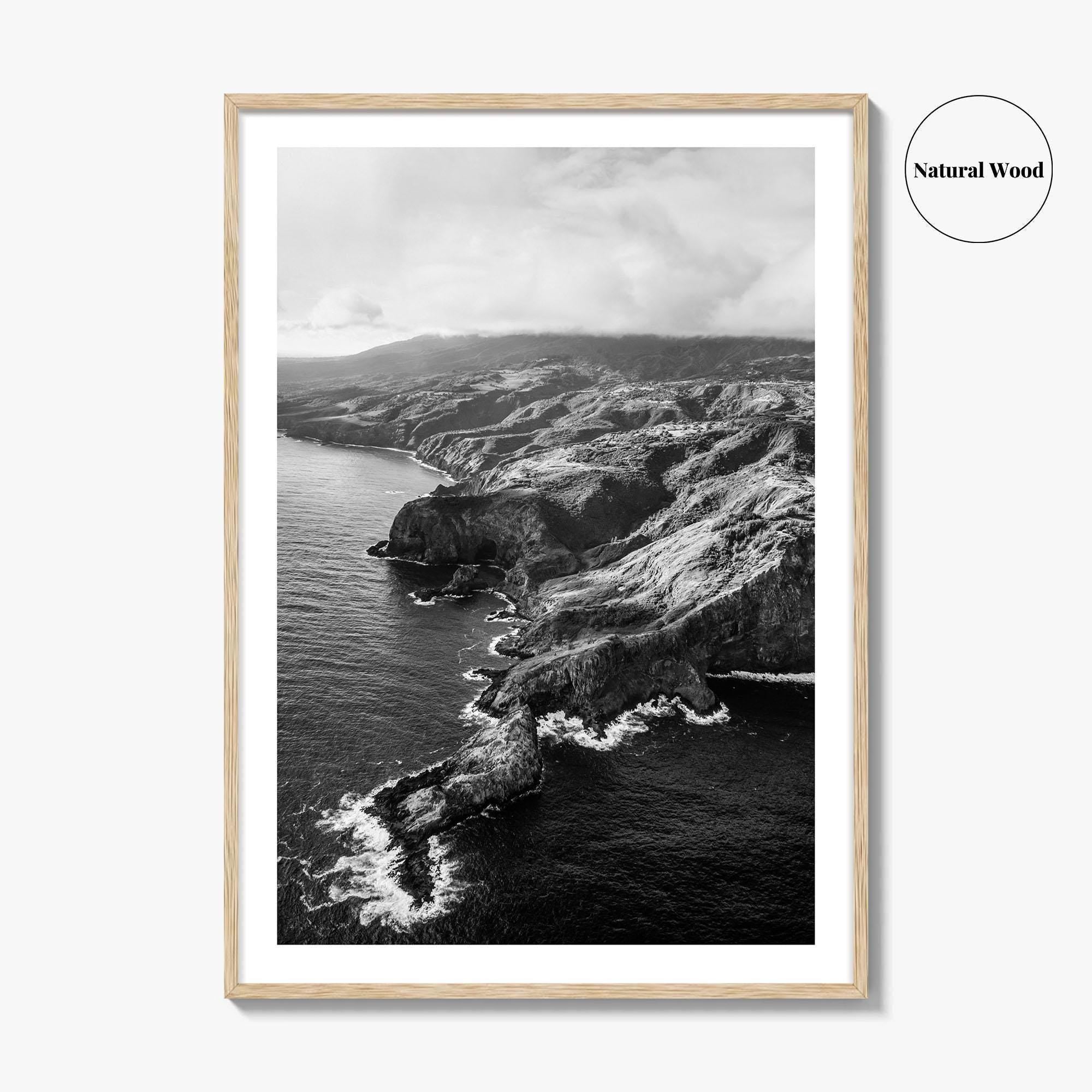 Maui Black and White Fine Art Photo Print, Hawaii Aerial Island Ocean Landscape Poster