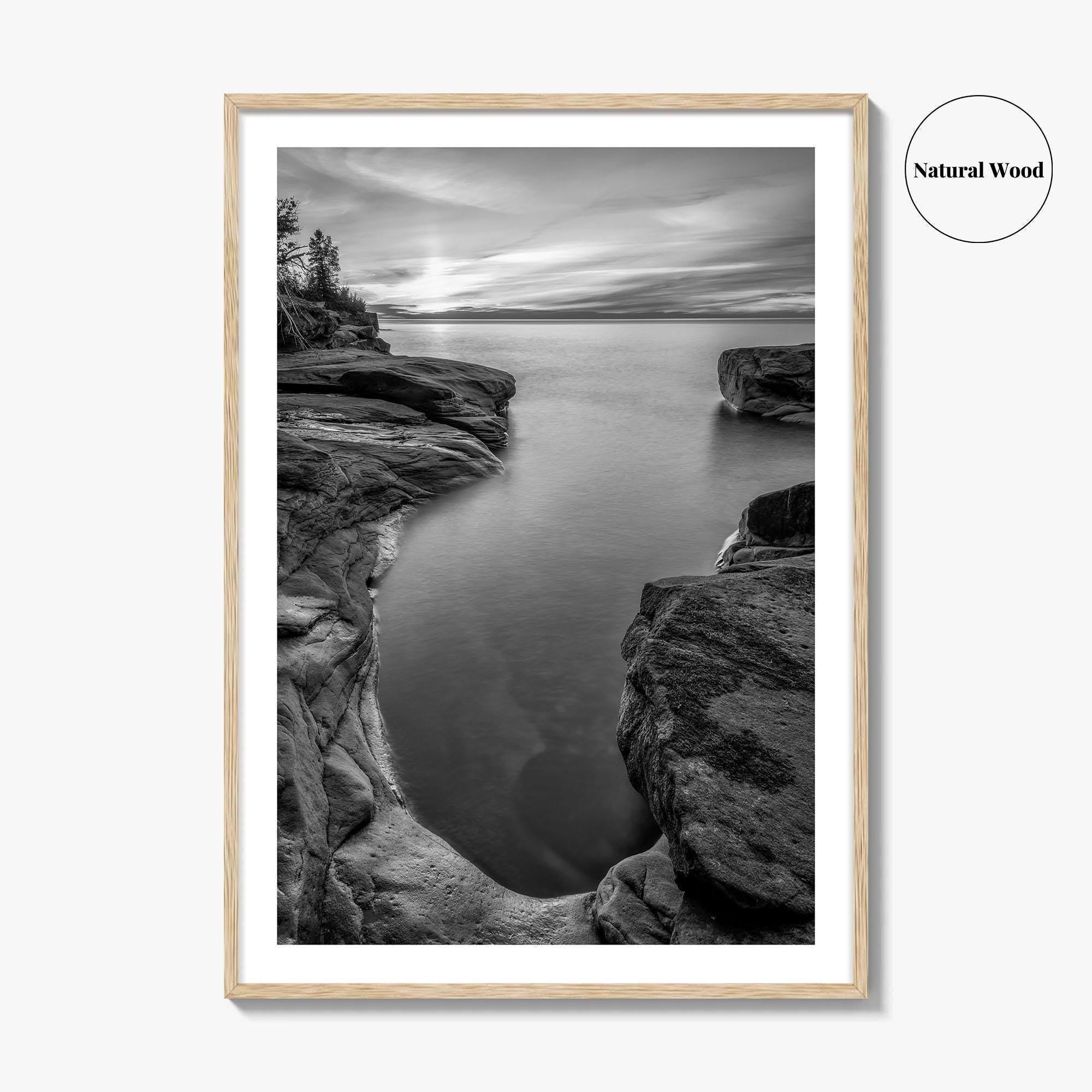 Pictured Rocks Black and White Fine Art Photo Print, Lake Superior Michigan Poster
