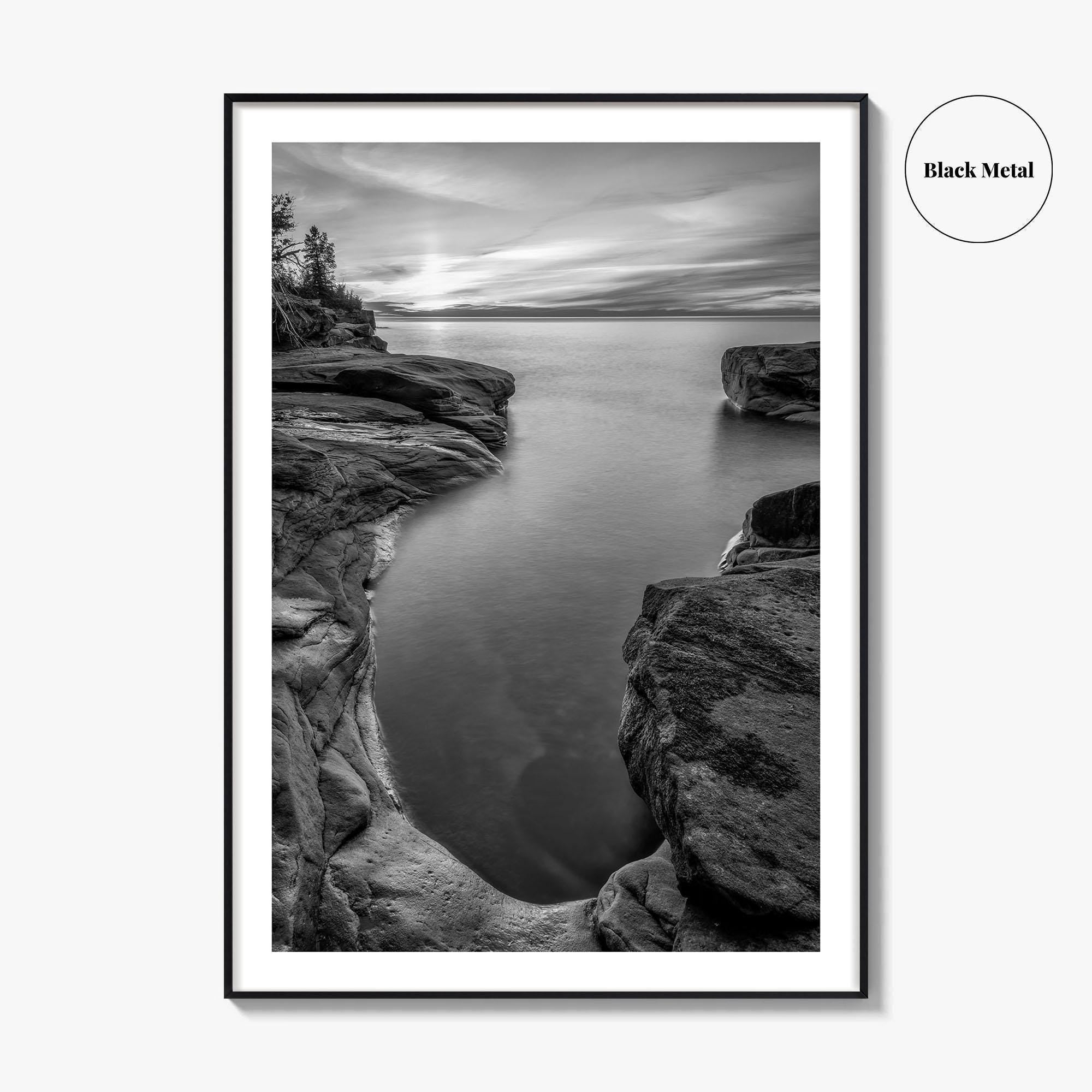 Pictured Rocks Black and White Fine Art Photo Print, Lake Superior Michigan Poster