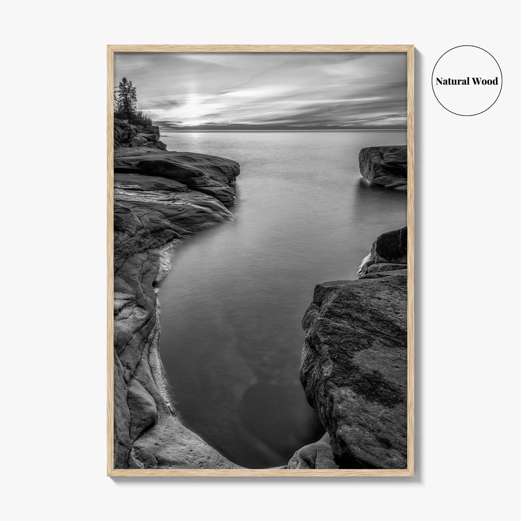 Pictured Rocks Black and White Fine Art Photo Print, Lake Superior Michigan Poster