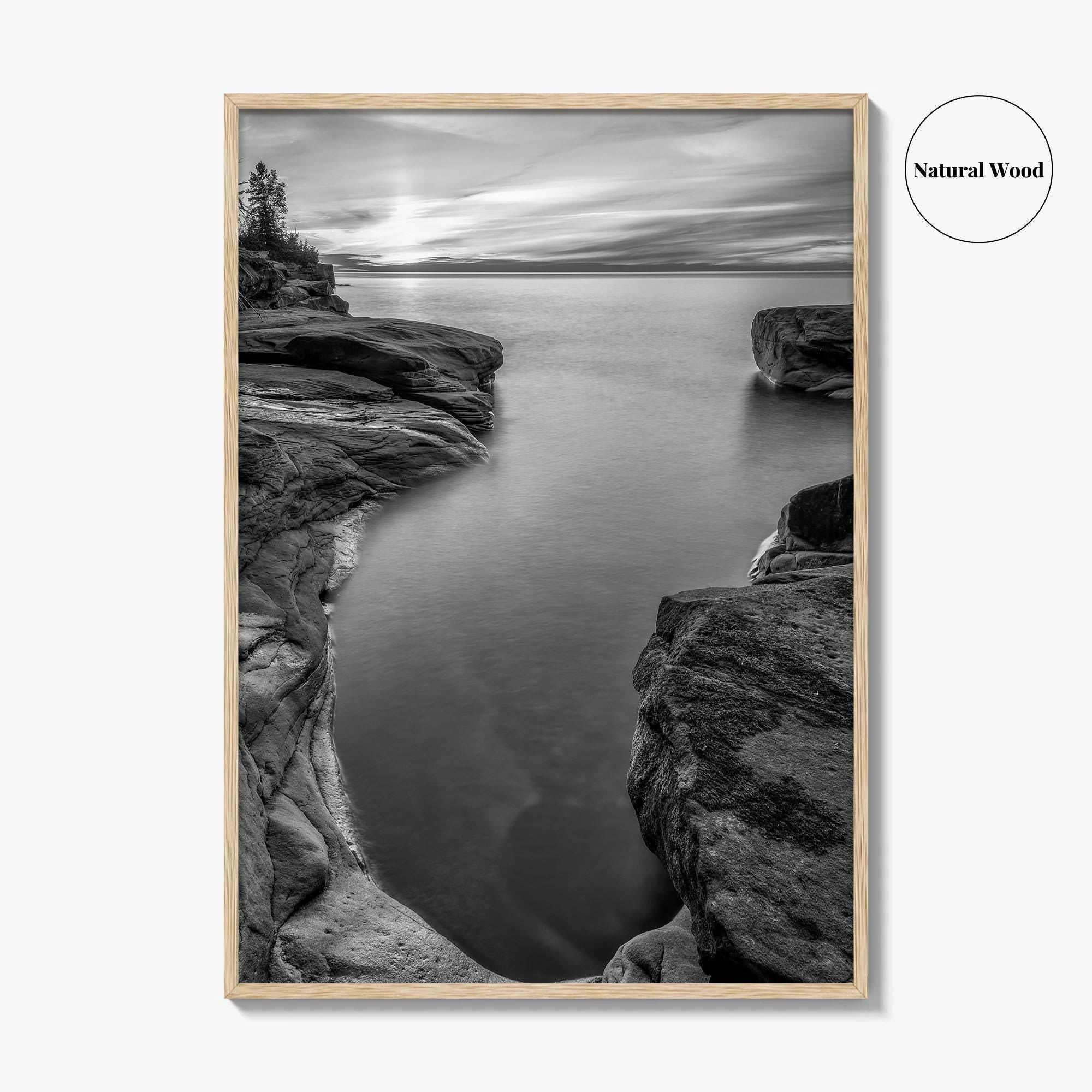 Pictured Rocks Black and White Fine Art Photo Print, Lake Superior Michigan Poster