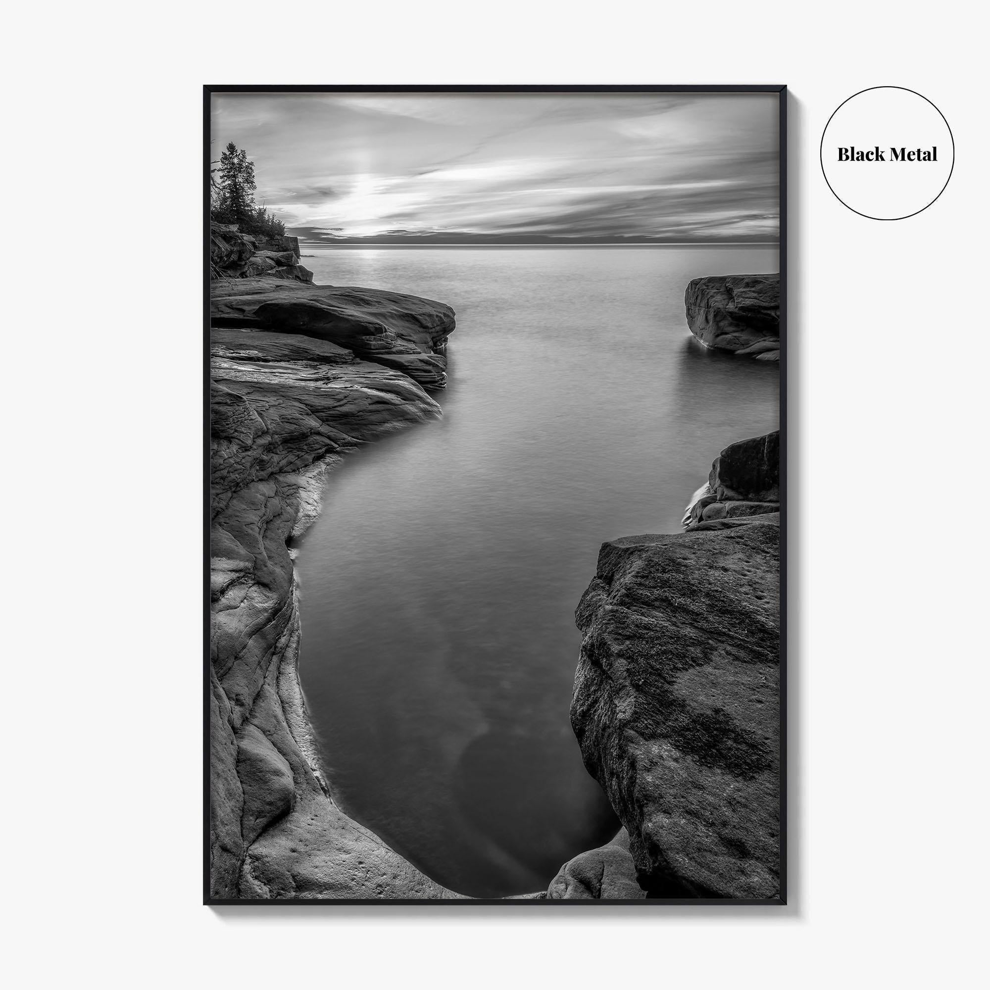 Pictured Rocks Black and White Fine Art Photo Print, Lake Superior Michigan Poster