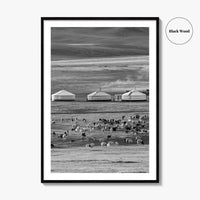 Mongolia Black and White Fine Art Photo Print, Ger Yurt, Goat Herd, Steppe Poster