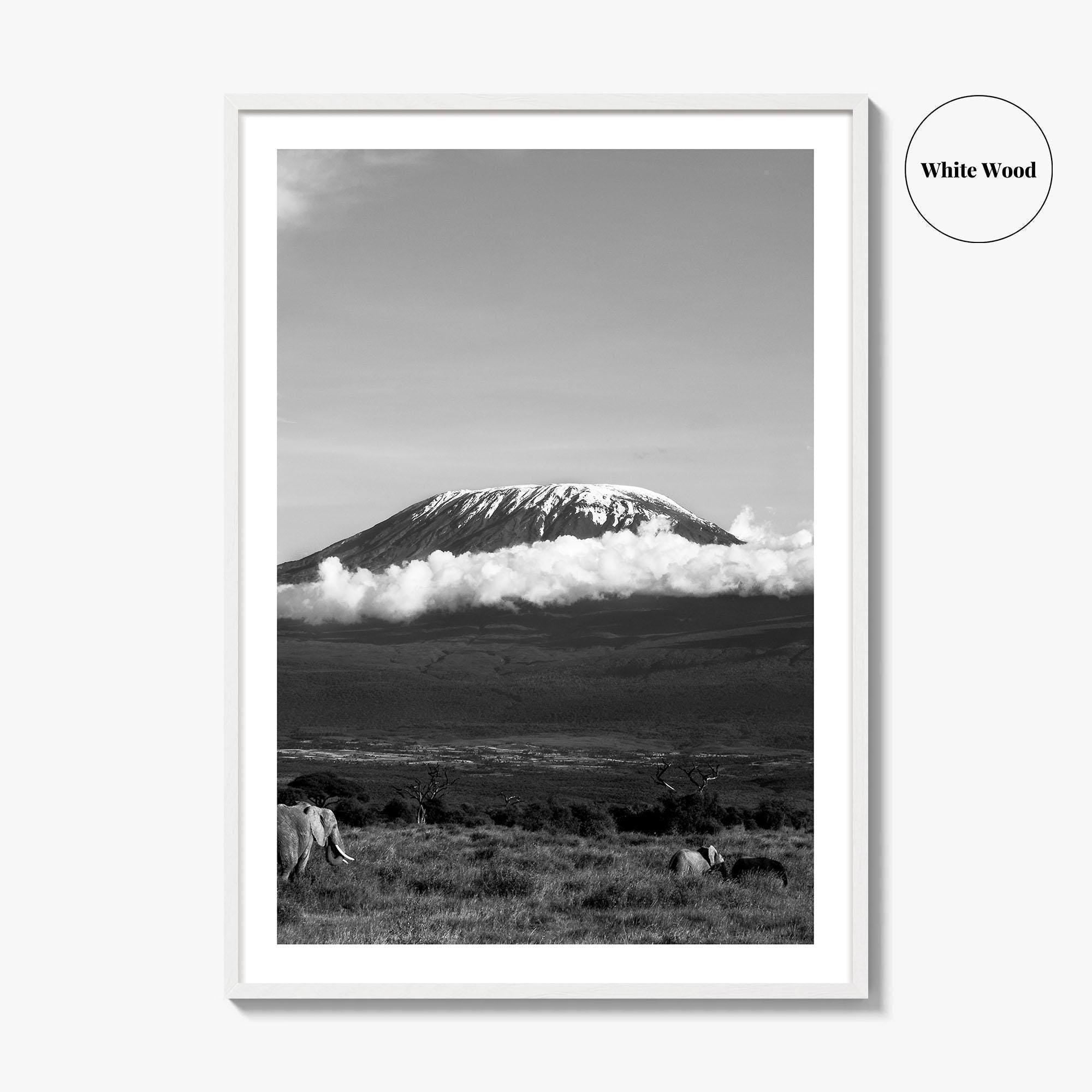 Mount Kilimanjaro Black and White Fine Art Photo Print, Tanzania Elephants Poster, Amboseli Wildlife