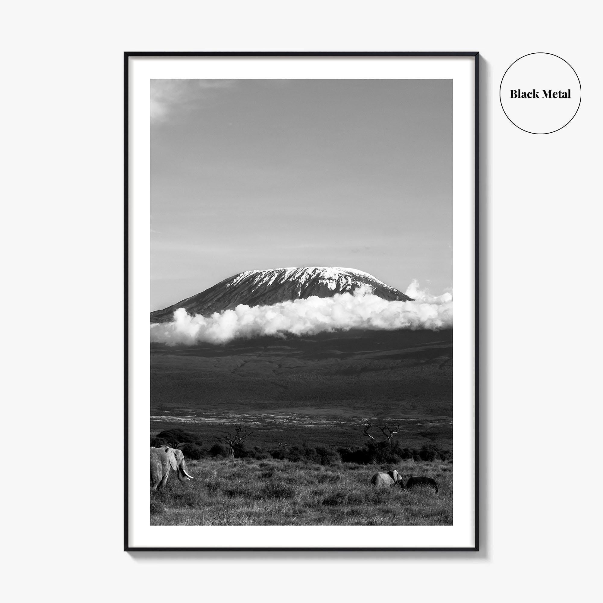 Mount Kilimanjaro Black and White Fine Art Photo Print, Tanzania Elephants Poster, Amboseli Wildlife