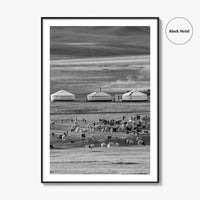 Mongolia Black and White Fine Art Photo Print, Ger Yurt, Goat Herd, Steppe Poster