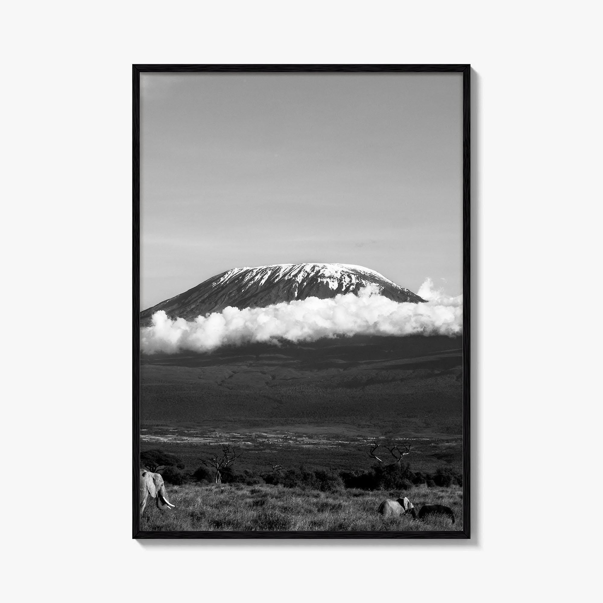 Mount Kilimanjaro Black and White Fine Art Photo Print, Tanzania Elephants Poster, Amboseli Wildlife