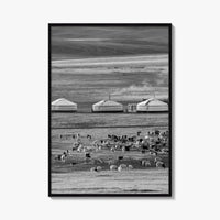 Mongolia Black and White Fine Art Photo Print, Ger Yurt, Goat Herd, Steppe Poster