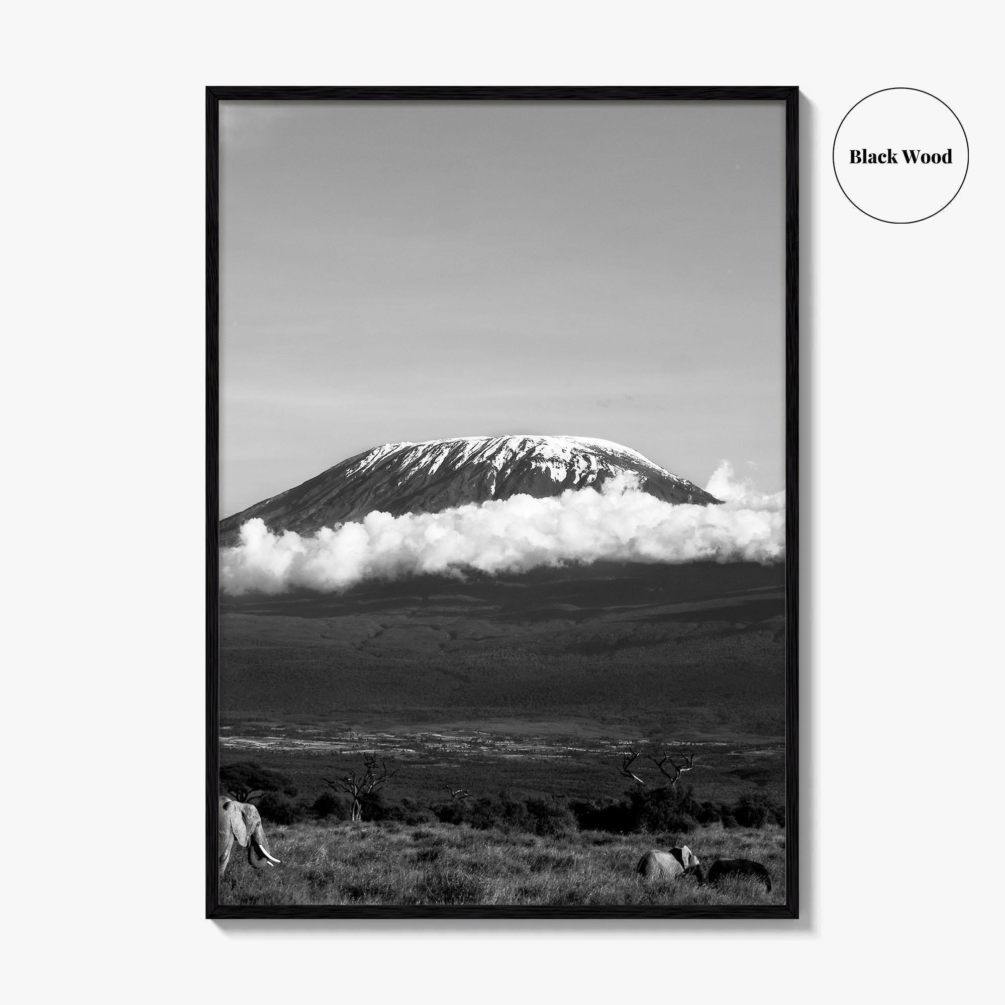 Mount Kilimanjaro Black and White Fine Art Photo Print, Tanzania Elephants Poster, Amboseli Wildlife