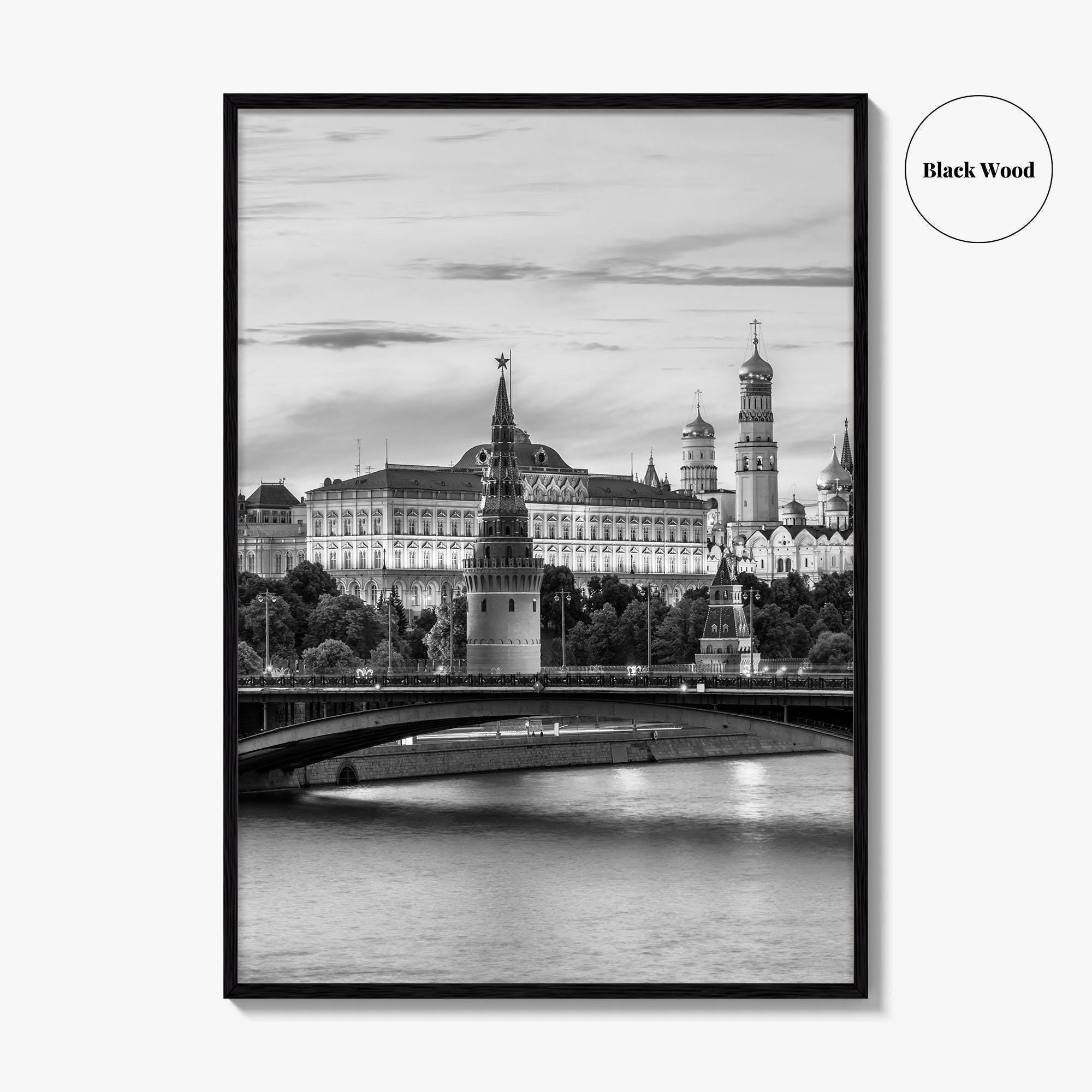 Moscow Black and White Fine Art Photo Print, Kremlin, Moskva River, Russia Wall Poster