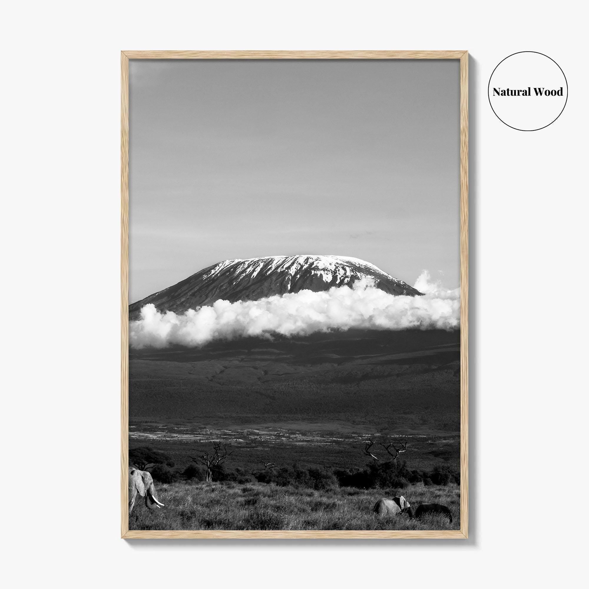 Mount Kilimanjaro Black and White Fine Art Photo Print, Tanzania Elephants Poster, Amboseli Wildlife