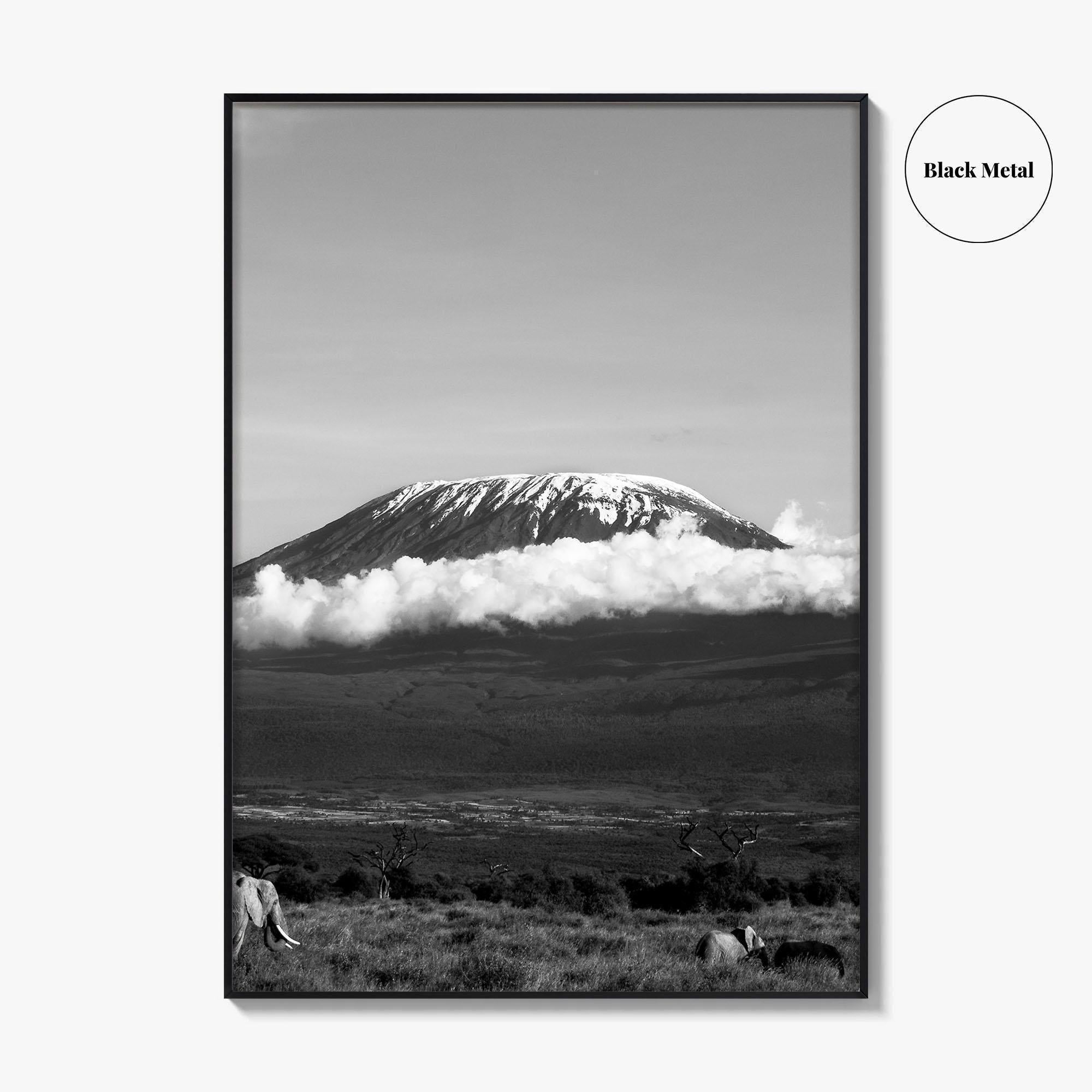 Mount Kilimanjaro Black and White Fine Art Photo Print, Tanzania Elephants Poster, Amboseli Wildlife