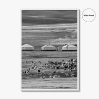 Mongolia Black and White Fine Art Photo Print, Ger Yurt, Goat Herd, Steppe Poster