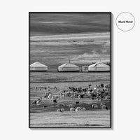 Mongolia Black and White Fine Art Photo Print, Ger Yurt, Goat Herd, Steppe Poster