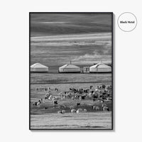 Mongolia Black and White Fine Art Photo Print, Ger Yurt, Goat Herd, Steppe Poster