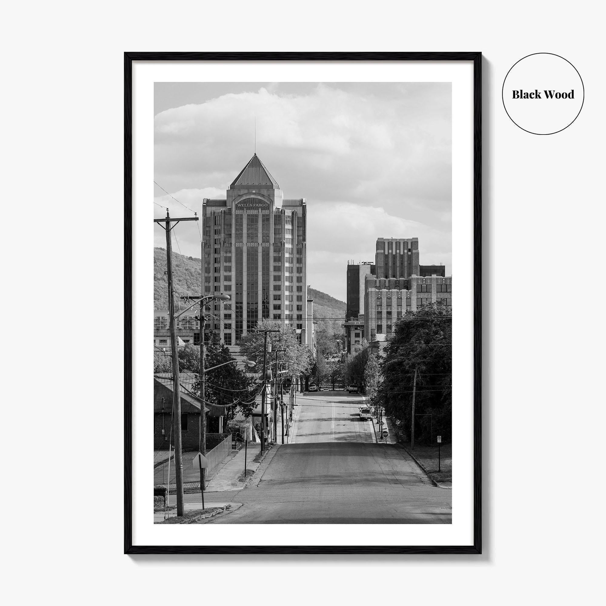 Roanoke Skyline Black and White Fine Art Photo Print, Jefferson Street, Virginia, Wall Decor