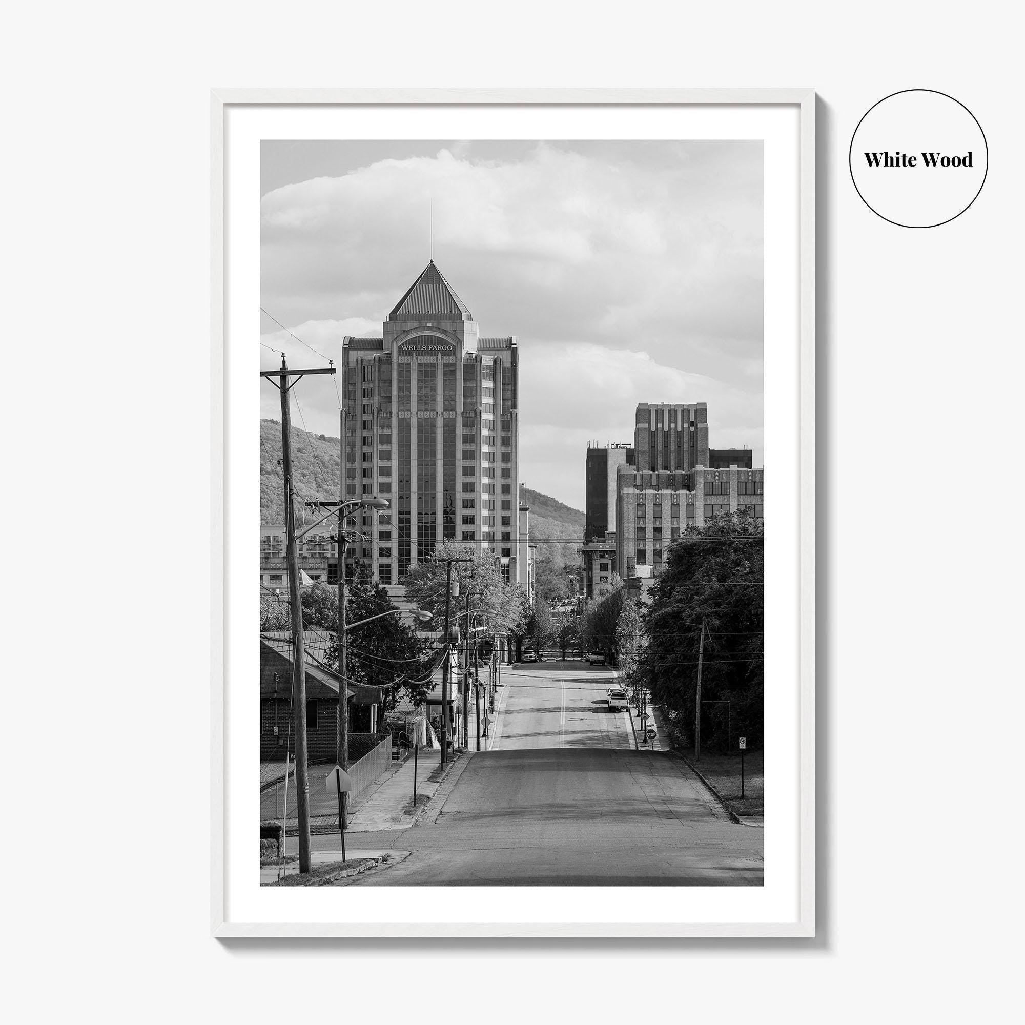 Roanoke Skyline Black and White Fine Art Photo Print, Jefferson Street, Virginia, Wall Decor